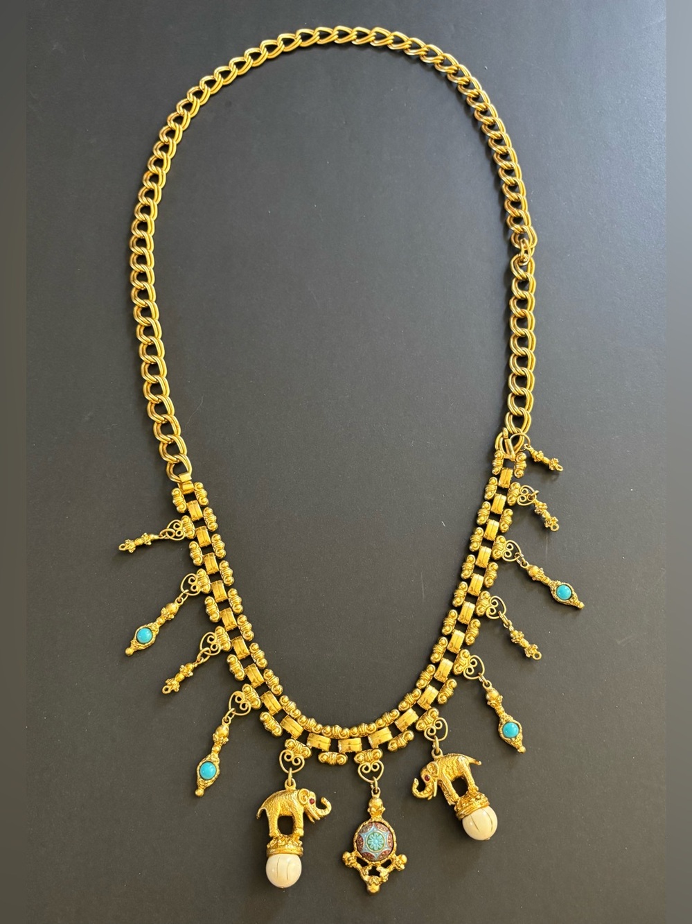 Unique Vintage Gold Tone Oval Link Chain Statement Belt/Necklace Elephant Charms